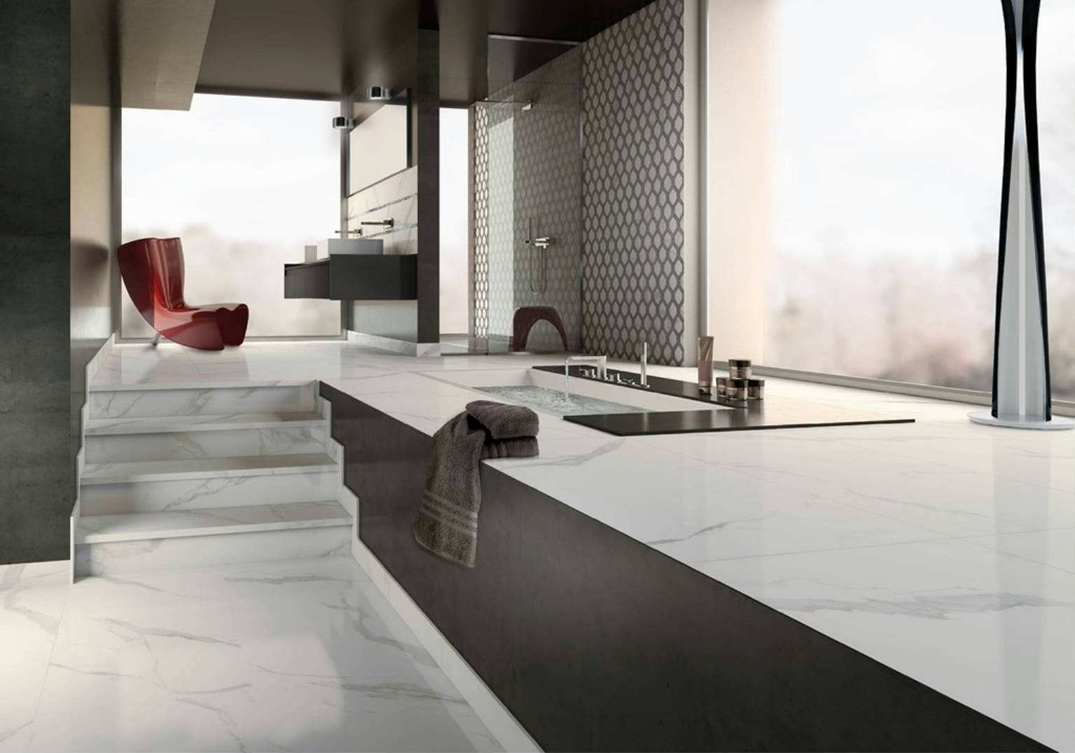 Statuario Bianco Porcelain Kitchen Island worktop & flooring