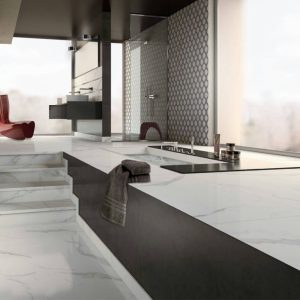 Statuario Bianco Porcelain Kitchen Island worktop & flooring